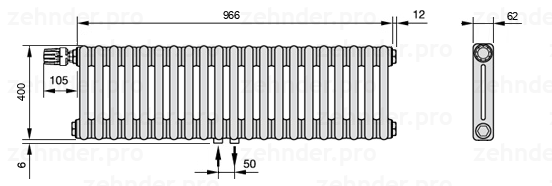 Схема (чертеж) Радиатор Zehnder Charleston 2040/21 №V007 Белый глянцевый RAL 9016